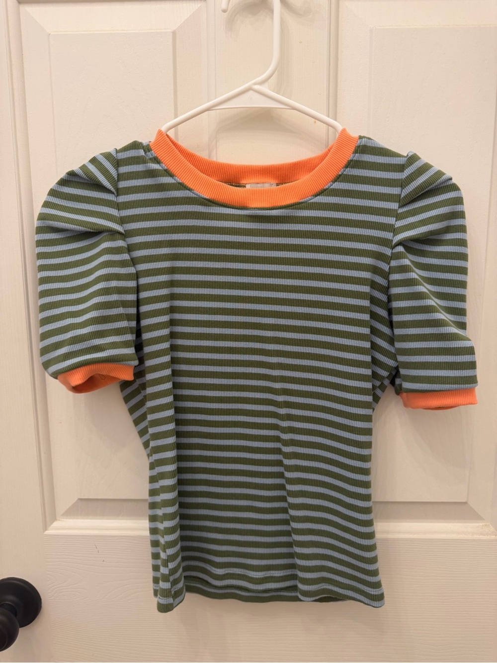 Maeve Olive and Light Blue Striped Short Sleeve Tee with Coral Neckline